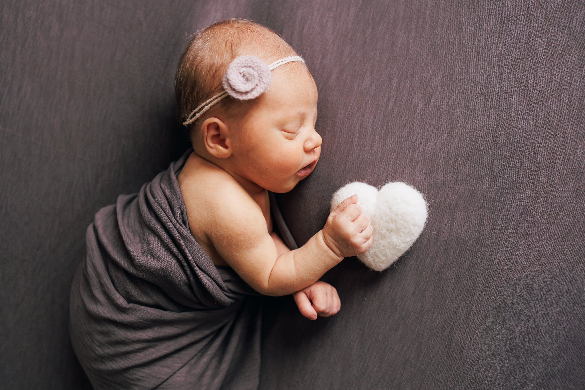 portrait of newborn baby girl in purple holding a white heart in worthington ohio newborn studio